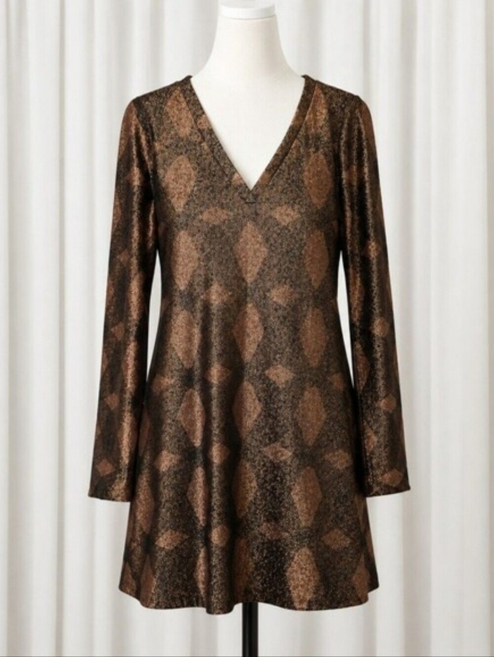Elie Tahari Deep Brown Bronze Geometric Metallic Shimmer Elegant Sheath Dress